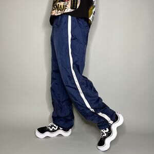 Vintage 90s Fila Track Pants Mens XL Baggy Fit Navy Blue Nylon White 3 Stripes